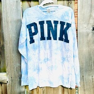 Pink long sleeve blue tie dye tee